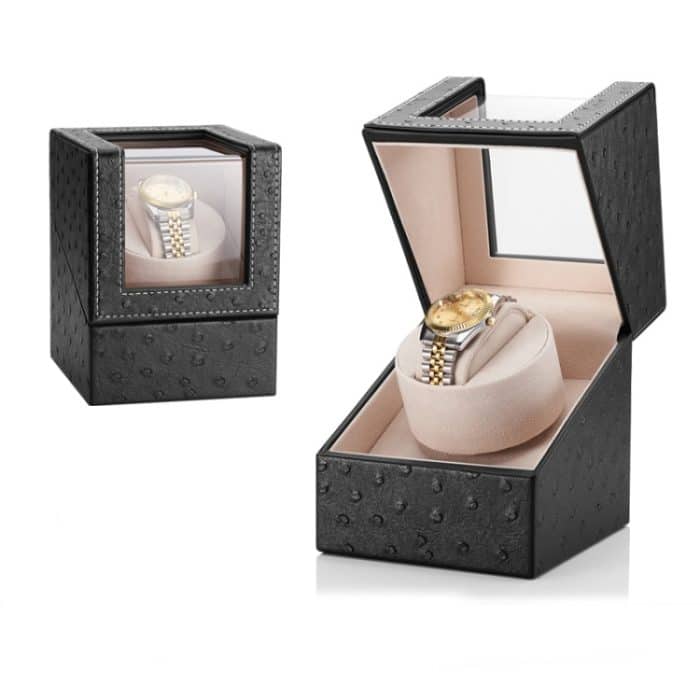 Einzeluhrenbox aus Leder, elektrischer Uhrenschüttler, automatischer Uhrenstreuer, US-Stecker, Single, Ostrich Pattern, Single, Carbon Fibre, Single, Black, Single, Dark Brown – Bild 3