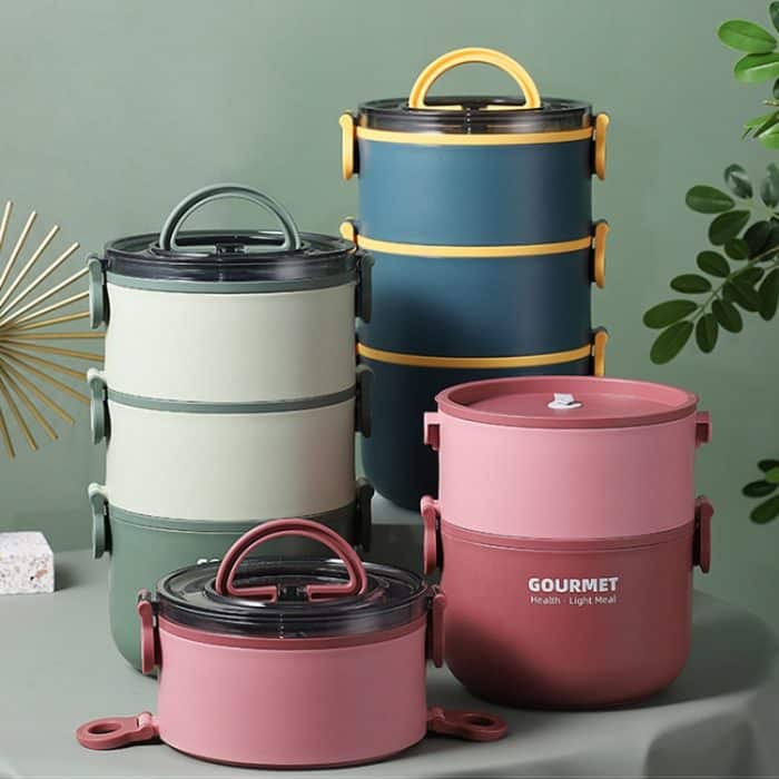 304 Edelstahl isolierte Schüssel Student Kunststoffschale Lunchbox, Single-Layer 1000ml, Dual-Layer 1600ml, Tri-Layer 2200ml – Bild 3