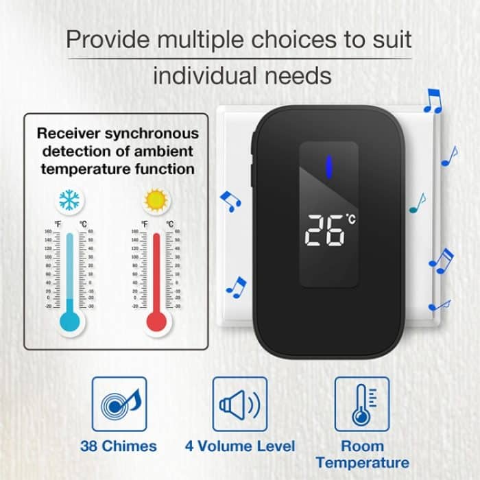 C303B One-to-One Home Drahtlose Türklingel Temperatur Digitalanzeige Fernbedienung Älterer Pager, US Plug, EU Plug – Bild 2