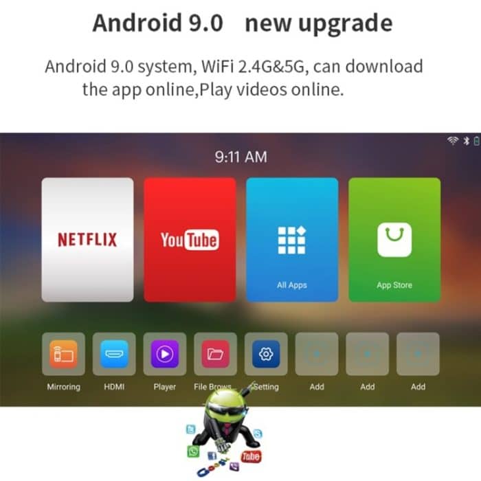 90 DLP Android 9.0 2 GB + 32 GB 4K Mini WiFi Smart Projektor, EU Plug, US Plug, UK Plug, AU Plug – Bild 4