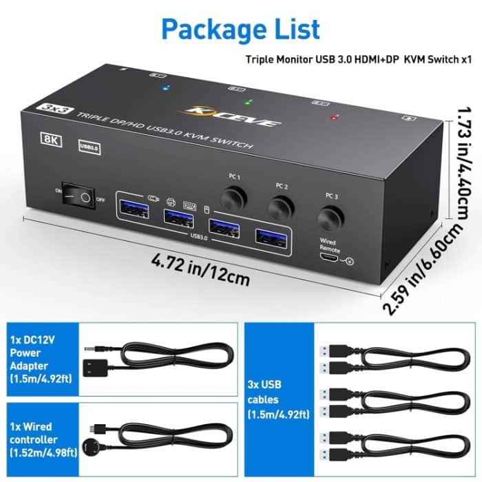 KC-KVM303DH 8K 60Hz USB3.0 DP+DP+HDMI Dreifachmonitor-KVM-Switch, EU Plug, US Plug – Bild 8