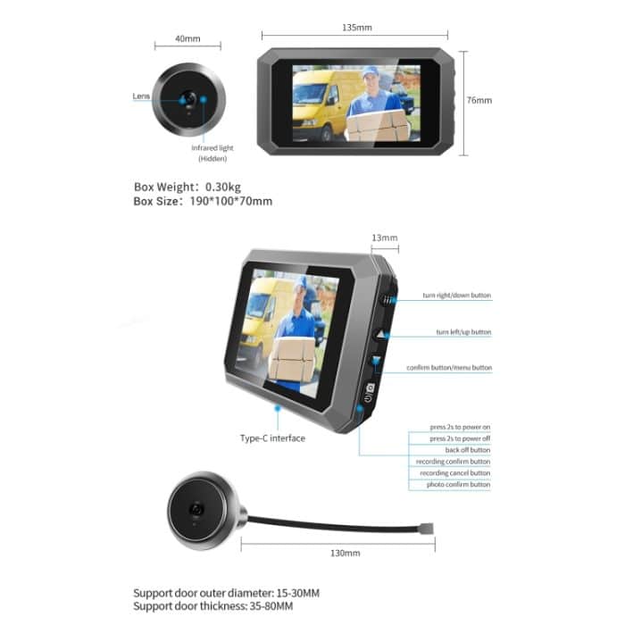 C23 3,97 Zoll 1080p Smart Digital Door Hidden Viewer Weitwinkel mit Nachtsicht, C23 – Bild 7