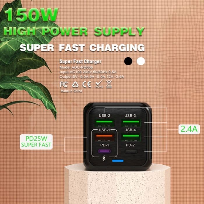 150 W 4 x USB + 2 x USB-C / Typ-C Multi-Port-Schnellladegerät, EU Plug, US Plug, UK Plug, AU Plug – Bild 5