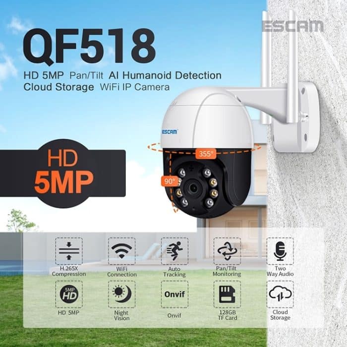 ESCAM QF518 5MP Smart WiFi IP-Kamera, unterstützt KI-Humanoid-Erkennung / automatische Verfolgung / Dual-Light-Nachtsicht / Cloud-Speicher / Zwei-Wege-Audio / TF-Karte, EU Plug, US Plug, UK Plug, AU Plug – Bild 18