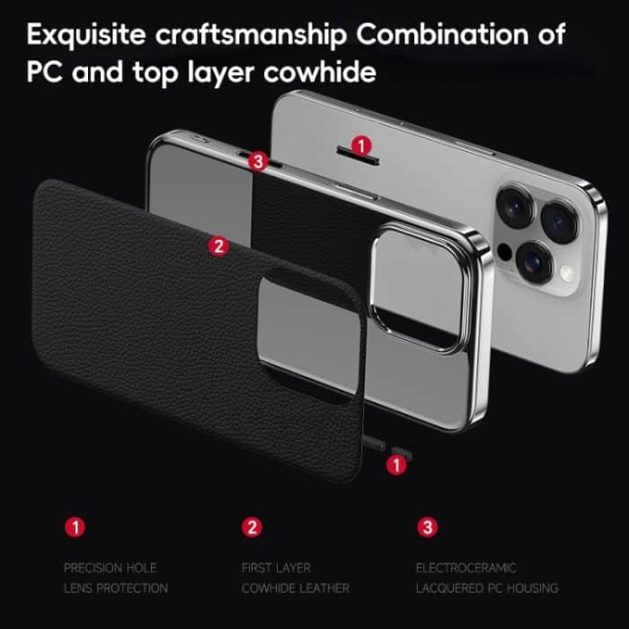 Galvanisierte PC-Telefonhülle aus Rindsleder der ersten Schicht, For iPhone 16 Pro Max, For iPhone 16 Pro, For iPhone 16, For iPhone 15 Pro Max – Bild 3
