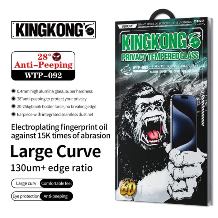 WK WTP-092 King Kong 6D gebogene 28-Grad-Sichtschutzfolie aus gehärtetem Glas, For iPhone 16 Pro Max, For iPhone 16 Pro, For iPhone 16 Plus / 15 Plus, For iPhone 16 / 15 – Bild 2