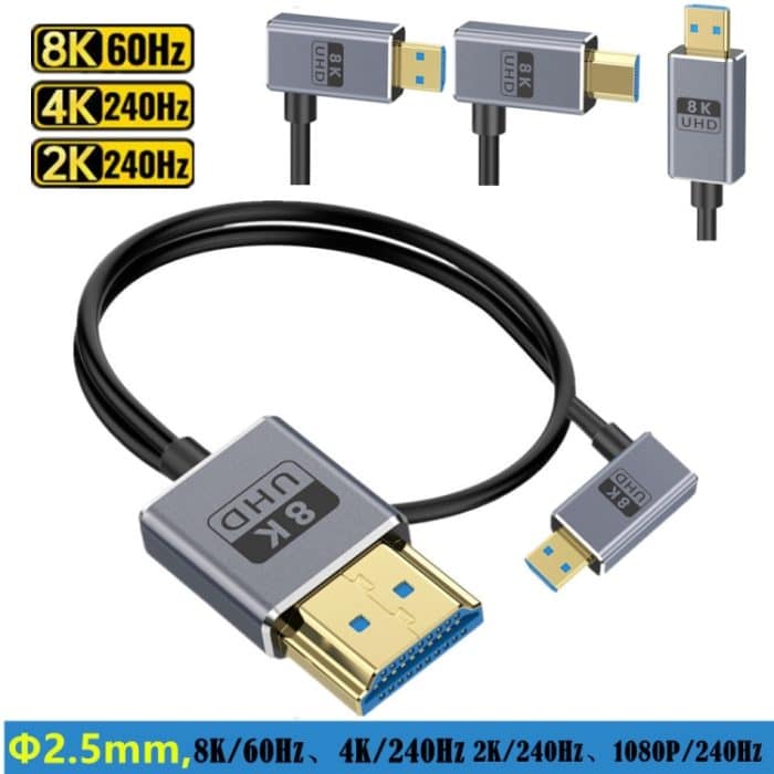 60 cm koaxiales Micro-HDMI-auf-HDMI-Videoverbindungskabel 8K UHD 48 Gbit/s, 60cm Right Elbow, 60cm Straight Head, 60cm Left Elbow – Bild 2