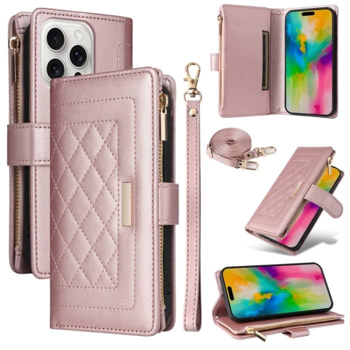 EDA007107101A.jpg Crossbody Reißverschluss Geldbörse Rhombus Leder Handyhülle, For iPhone 16 Pro Max, For iPhone 16 Pro, For iPhone 16 Plus, For iPhone 16 – Bild 1