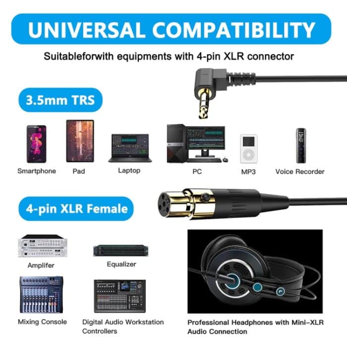Gewickeltes Stereo-Audio-Adapterkabel für PC-Kamera-Mikrofon, Länge: 0,5 m, Mini 3 Pin XLR Female to 3.5mm TRS, Mini 4 Pin XLR Female to 3.5mm TRS – Bild 5