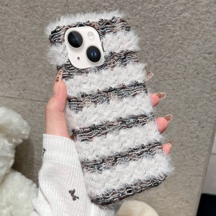 Gestreifte Stoffplüsch-TPU-Telefonhülle, For iPhone 15 Plus, For iPhone 15, For iPhone 14 Plus – Bild 1
