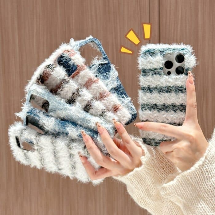 Gestreifte Stoffplüsch-TPU-Telefonhülle, For iPhone 15 Plus, For iPhone 15, For iPhone 14 Plus – Bild 6