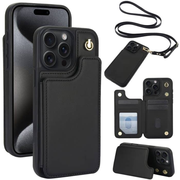 Crossbody-Telefonhülle aus Leder mit zwei Schnallen und Geldbörse auf der Rückseite, For iPhone 15 Pro Max, For iPhone 15 Pro, For iPhone 15 Plus, For iPhone 15 – Bild 1