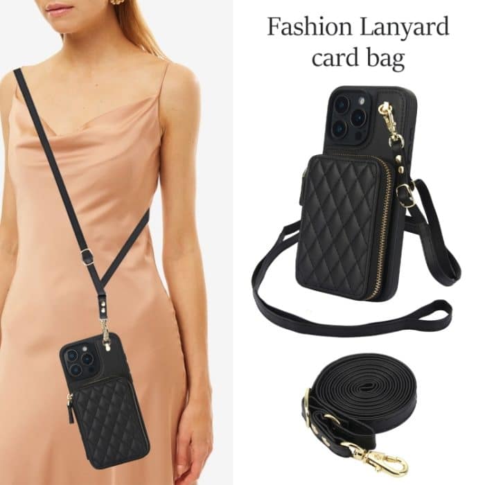 AwQuer Crossbody Reißverschluss Geldbörse Rautenförmige Lederrückseite Handyhülle, For iPhone 16 Pro Max, For iPhone 16 Pro, For iPhone 16 Plus – Bild 4