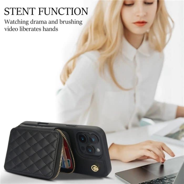 AwQuer Crossbody Reißverschluss Geldbörse Rautenförmige Lederrückseite Handyhülle, For iPhone 16 Pro Max, For iPhone 16 Pro, For iPhone 16 Plus – Bild 8