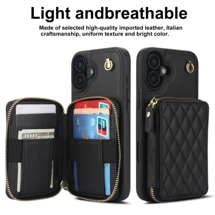 AwQuer Crossbody Reißverschluss Geldbörse Rautenförmige Lederrückseite Handyhülle, For iPhone 16, For iPhone 15 Pro Max, For iPhone 15 Pro – Bild 2
