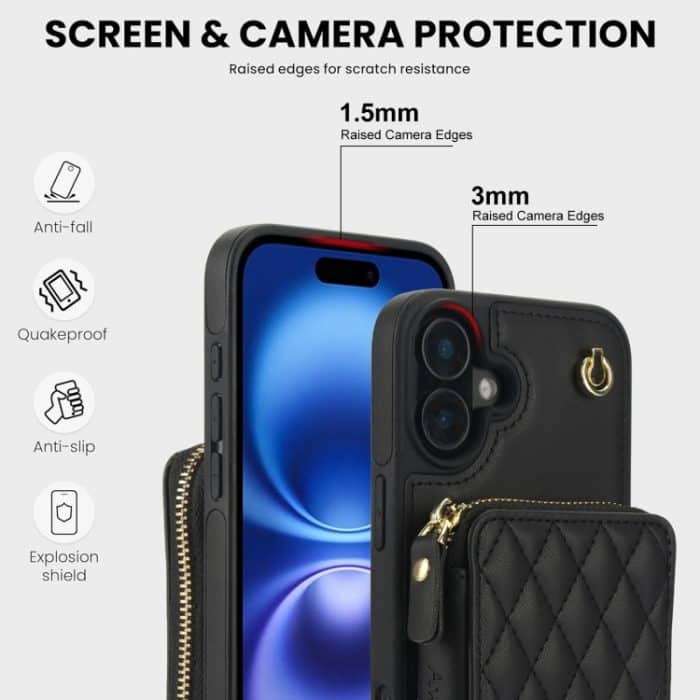 AwQuer Crossbody Reißverschluss Geldbörse Rautenförmige Lederrückseite Handyhülle, For iPhone 16, For iPhone 15 Pro Max, For iPhone 15 Pro – Bild 3