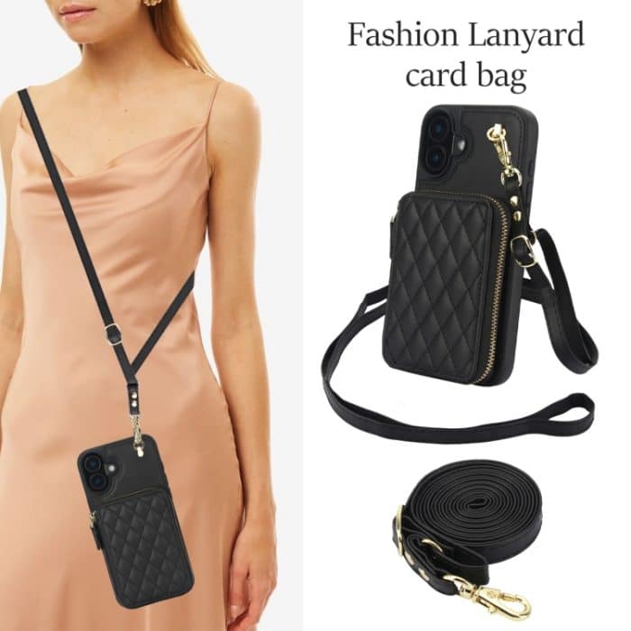 AwQuer Crossbody Reißverschluss Geldbörse Rautenförmige Lederrückseite Handyhülle, For iPhone 16, For iPhone 15 Pro Max, For iPhone 15 Pro – Bild 4