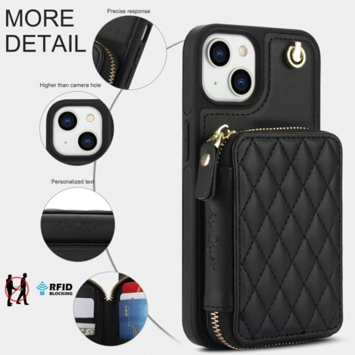 AwQuer Crossbody Reißverschluss Geldbörse Rautenförmige Lederrückseite Handyhülle, For iPhone 15 Plus, For iPhone 15, For iPhone 14 Plus – Bild 7