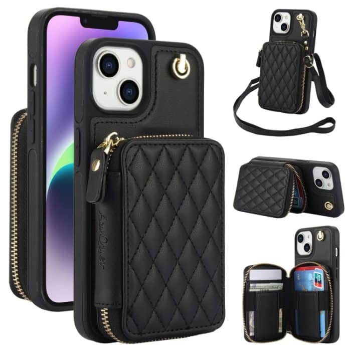AwQuer Crossbody Reißverschluss Geldbörse Rautenförmige Lederrückseite Handyhülle, For iPhone 14 / 13, For iPhone 14 Pro, For iPhone 14 Pro Max – Bild 1