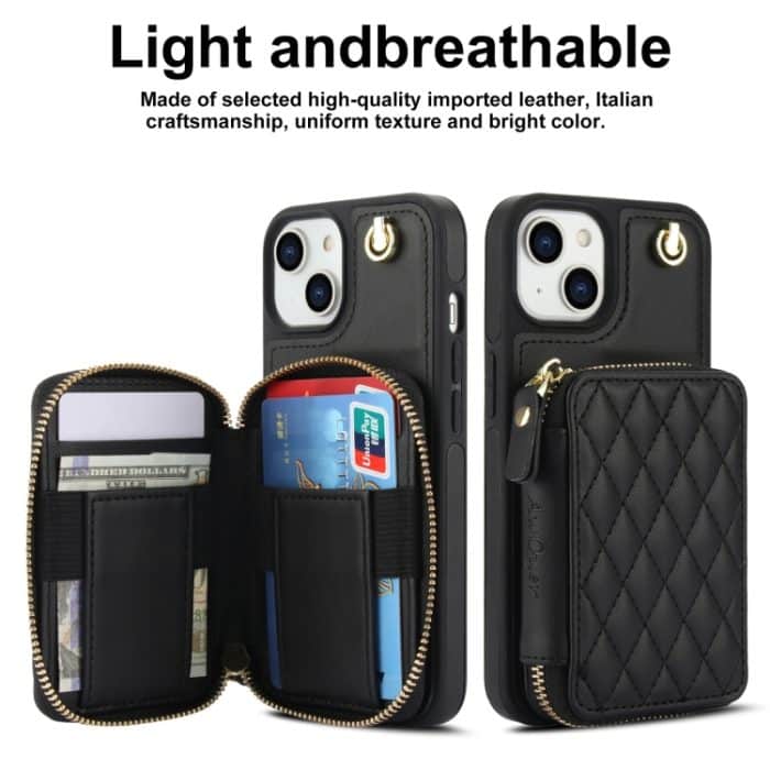 AwQuer Crossbody Reißverschluss Geldbörse Rautenförmige Lederrückseite Handyhülle, For iPhone 14 / 13, For iPhone 14 Pro, For iPhone 14 Pro Max – Bild 2