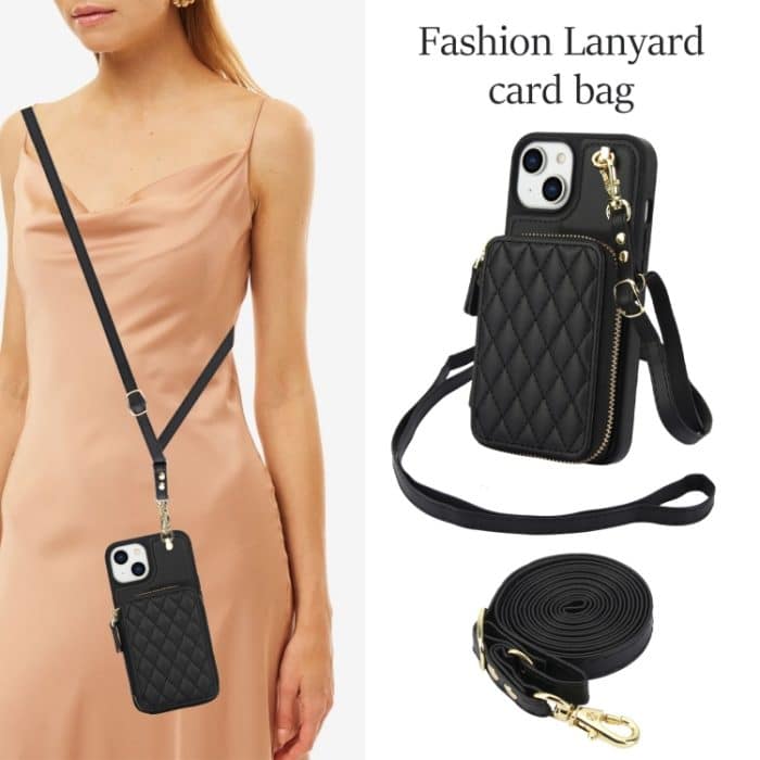 AwQuer Crossbody Reißverschluss Geldbörse Rautenförmige Lederrückseite Handyhülle, For iPhone 14 / 13, For iPhone 14 Pro, For iPhone 14 Pro Max – Bild 4