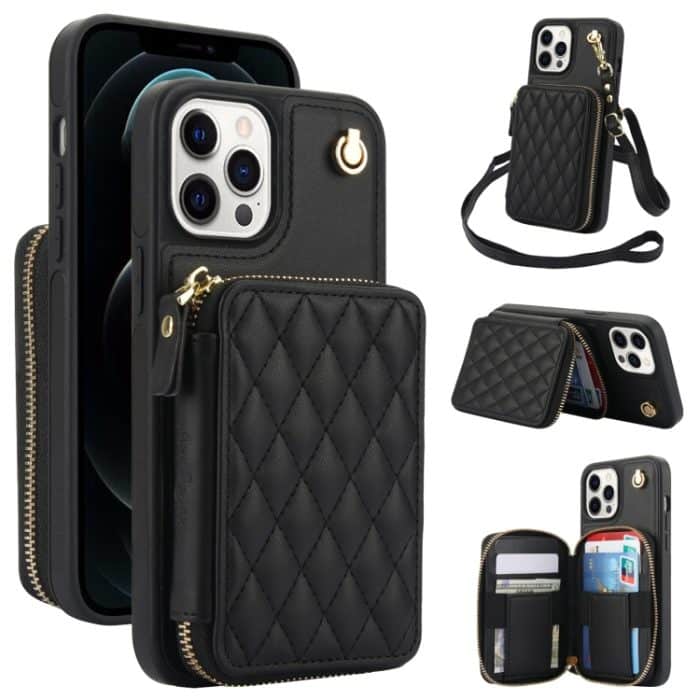 EDA007318116A.jpg AwQuer Crossbody Reißverschluss Geldbörse Rautenförmige Lederrückseite Handyhülle, For iPhone 12 / 12 Pro, For iPhone 12 Pro Max, For iPhone 11 Pro Max – Bild 1