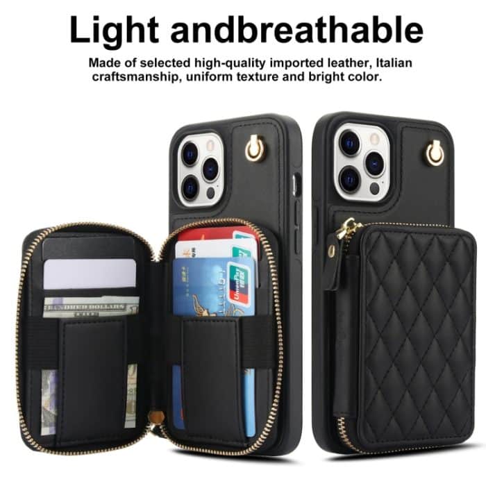 AwQuer Crossbody Reißverschluss Geldbörse Rautenförmige Lederrückseite Handyhülle, For iPhone 12 / 12 Pro, For iPhone 12 Pro Max, For iPhone 11 Pro Max – Bild 2