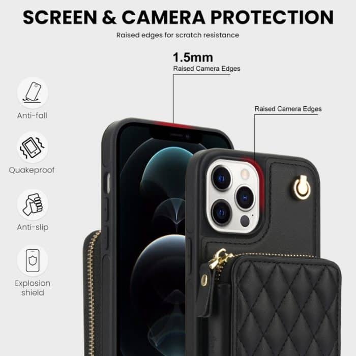 AwQuer Crossbody Reißverschluss Geldbörse Rautenförmige Lederrückseite Handyhülle, For iPhone 12 / 12 Pro, For iPhone 12 Pro Max, For iPhone 11 Pro Max – Bild 3