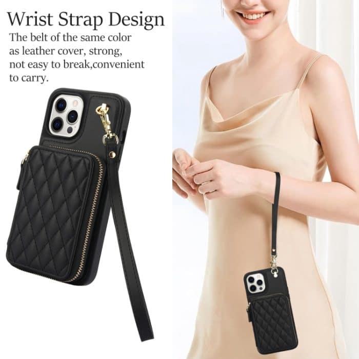 AwQuer Crossbody Reißverschluss Geldbörse Rautenförmige Lederrückseite Handyhülle, For iPhone 12 / 12 Pro, For iPhone 12 Pro Max, For iPhone 11 Pro Max – Bild 5