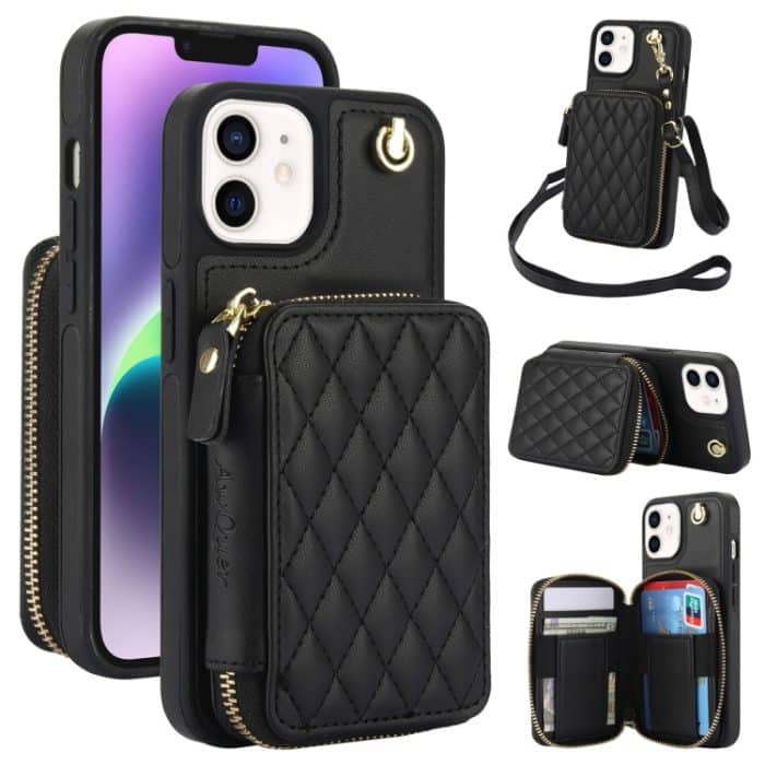 EDA007318119A.jpg AwQuer Crossbody Reißverschluss Geldbörse Rautenförmige Lederrückseite Handyhülle, For iPhone 11, For iPhone 11 Pro, For iPhone X / XS – Bild 1