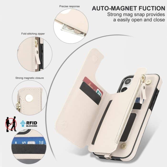RFID-Telefonhülle aus Leder mit doppeltem Reißverschluss und kurzem Umhängeband, For iPhone 16 Pro Max, For iPhone 16 Pro, For iPhone 16 Plus – Bild 3