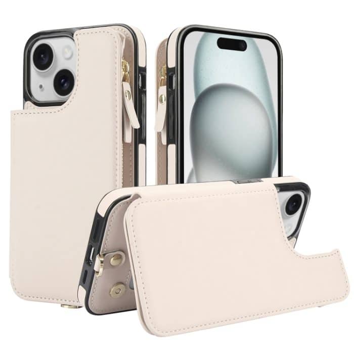 RFID-Telefonhülle aus Leder mit doppeltem Reißverschluss und kurzem Umhängeband, For iPhone 15 Plus, For iPhone 15, For iPhone 14 Plus – Bild 1