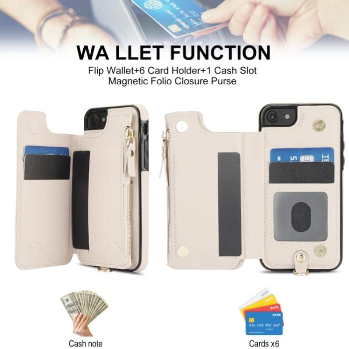 RFID-Telefonhülle aus Leder mit doppeltem Reißverschluss und kurzem Umhängeband, For iPhone SE 2022 / 2020 / 8, For iPhone 13 Pro Max, For iPhone 13 Pro – Bild 4