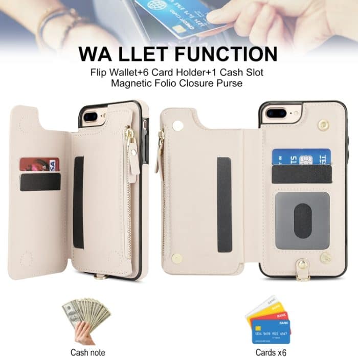 RFID-Telefonhülle aus Leder mit doppeltem Reißverschluss und kurzem Umhängeband, For iPhone 8 Plus / 7 Plus – Bild 4