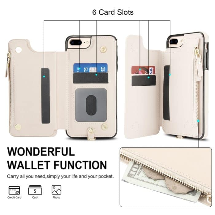 RFID-Telefonhülle aus Leder mit doppeltem Reißverschluss und kurzem Umhängeband, For iPhone 8 Plus / 7 Plus – Bild 5