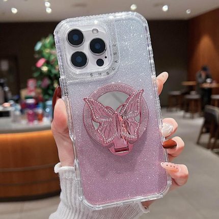 Spiegel Schmetterling Halter Glitter MagSafe Telefon Fall, For iPhone 13 Pro Max, For iPhone 13 Pro, For iPhone 13, For iPhone 12