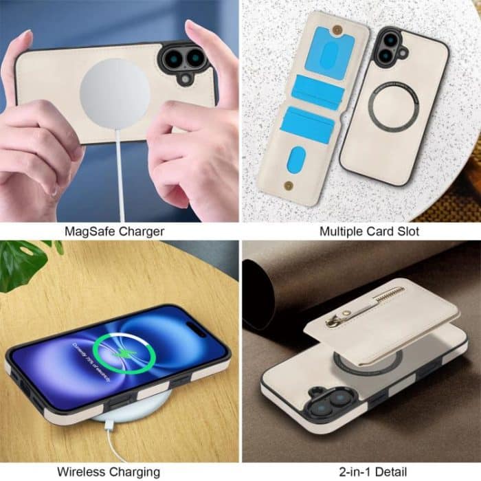 Reißverschluss-Geldbörse, geteilte MagSafe-Telefonhülle aus Leder mit Rückseite, For iPhone 16 Plus, For iPhone 16, For iPhone 15 Pro Max – Bild 5