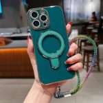 Solid Color Electroplated Metal Holder Phone Case with Lanyard, For iPhone 14 Pro, For iPhone 14 Pro Max