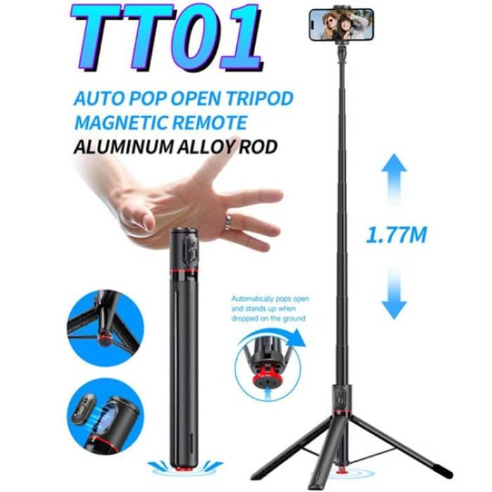 TT01 1.77m All-in-one Auto Pop Open Tripod Magnetic Remote Selfie Stick – Bild 2