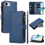 Magnetic Closure 9 Card Slots Zipper Leather Case with Hand Strap, For iPhone 16e, For iPhone 16 Pro Max, For iPhone 16 Pro, For iPhone 16 Plus