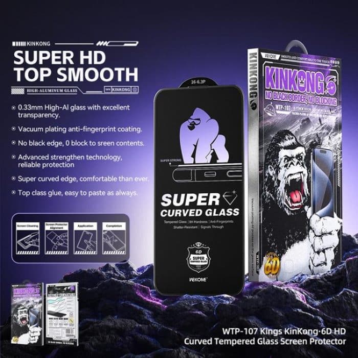 WK WTP-107 Kings KinKong 0.33mm 6D Curved HD Tempered Glass Film, No Black Frame, For iPhone 16 Pro Max, For iPhone 16 Pro, For iPhone 16 Plus / 15 Plus, For iPhone 16 / 15, For iPhone 15 Pro Max, For iPhone 15 Pro, For iPhone 13 Pro Max / 14 Plus... – Bild 4