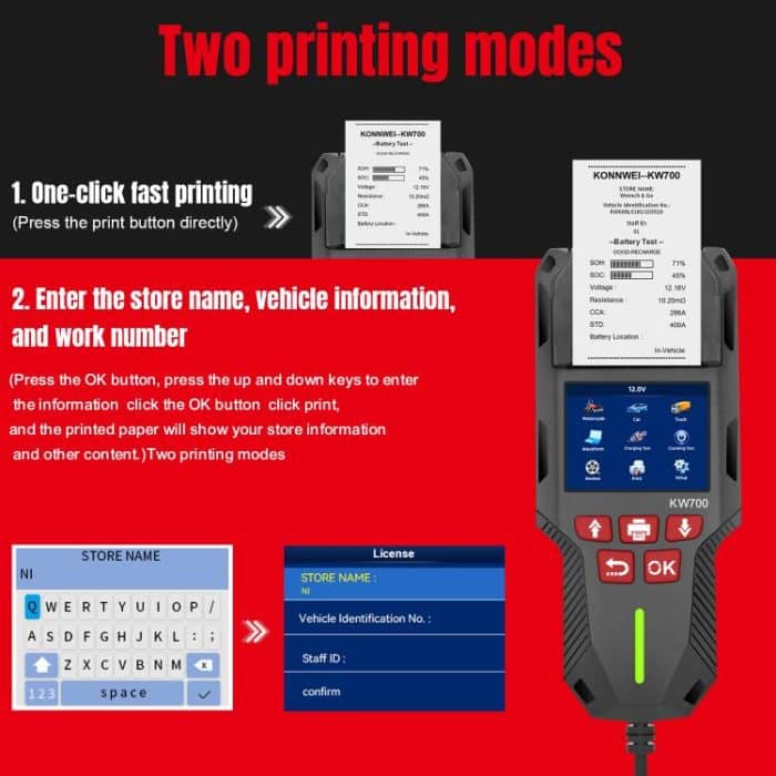 KONNWEI KW700 12V / 24V 2.8 inch Color Screen Car Battery Tester with Printer, KW700 – Bild 4