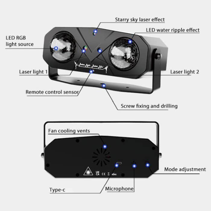 Double Magic Ball Laser Light LED Water Ripple RGB Rotating Stage Lamp, USB-IN, US Plug, EU Plug – Bild 3
