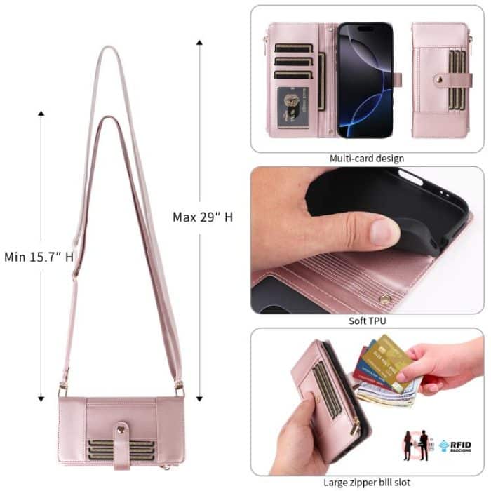 Crossbody Strap RFID Blocking Zipper Wallet Leather Phone Case, For iPhone 14 Pro Max, For iPhone 13 Pro Max, For iPhone 13 Pro, For iPhone 12 / 12 Pro – Bild 10