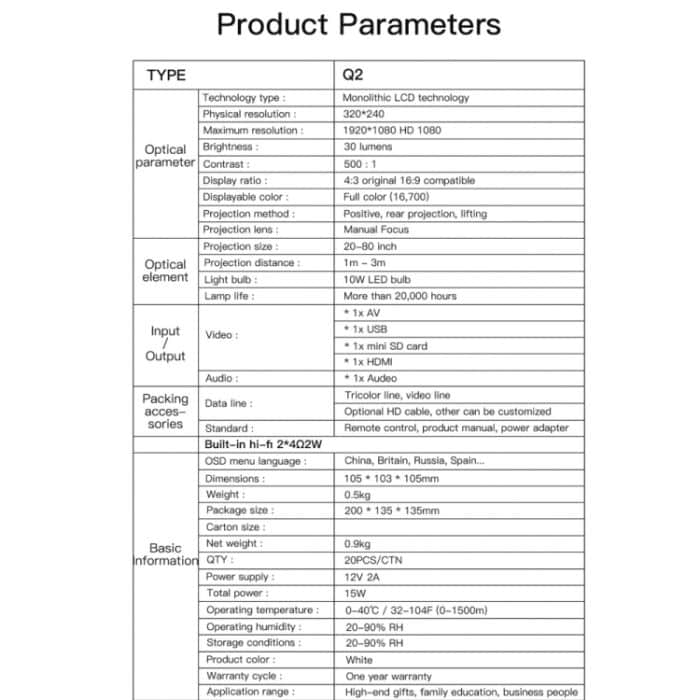 Q2 LED 1080P Mini tragbarer Projektor Kinderprojektor, EU Plug, US Plug, UK Plug, AU Plug – Bild 10