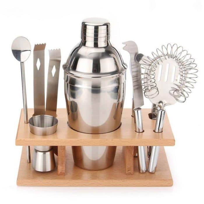 9 in 1 Edelstahl Cocktail Shaker Tools Set mit Holzhalterung, Kapazität: 550ml – Bild 2
