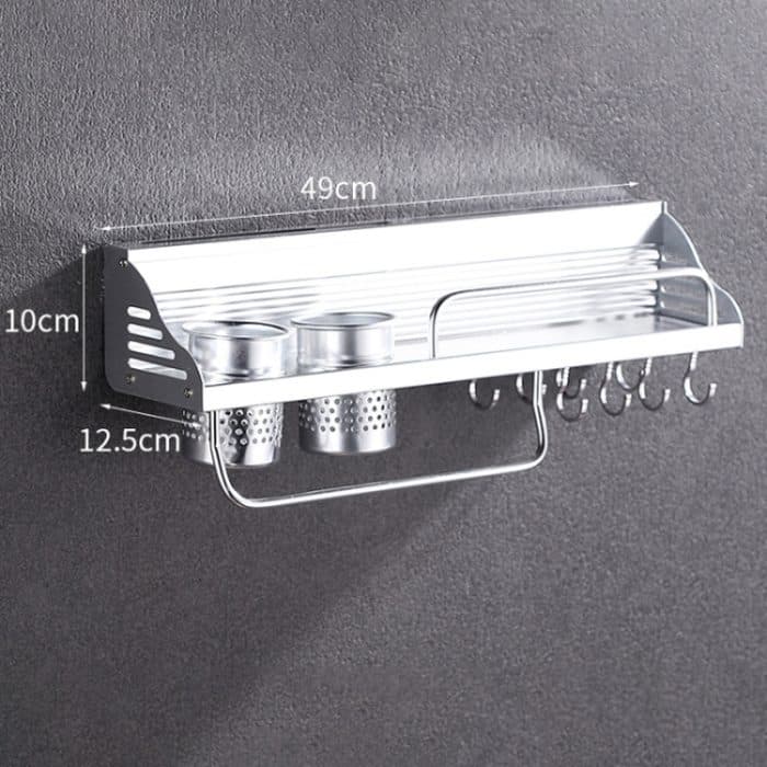 50cm 2 Tassen 8 Haken Multifunktionsküche Punchingfree Wand befestigter Alurand Menage-Halter-Speicher-Rack – Bild 3