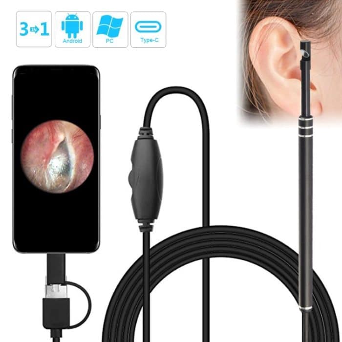 i96 3-in-1-USB-Ohrfernrohr-Inspektion, HD-0,3-MP-Kamera, visueller Ohrlöffel für OTG-Android-Telefone, PC und MacBook, 1,85 m langes Kabel, 3 in 1 Black  0.3MP – Bild 1