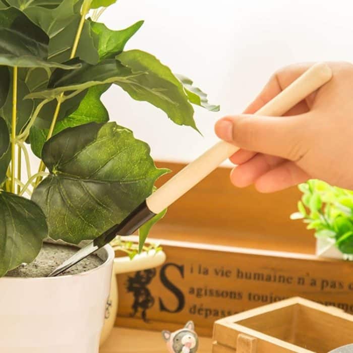 4 Stück Rechen, Schaufel, Grabkelle, 3-in-1, Holzgriff, Metallkopf, Mini-Garten-Pflanzenwerkzeug, Gartenwerkzeug – Bild 6