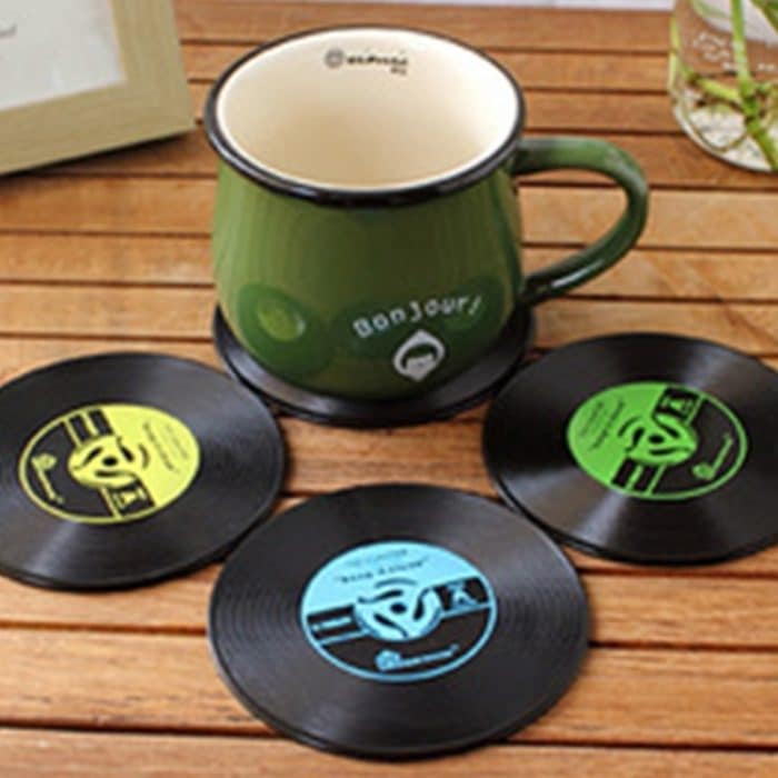 4 PCS Retro Schwarz Vinyl CD Schallplatte Untersetzer Home Tisch Tasse Matte Dekor Kaffee Getränk Tischset Geschirr Spinnen, Durchmesser: 10 cm, zufällige Farblieferung – Bild 1